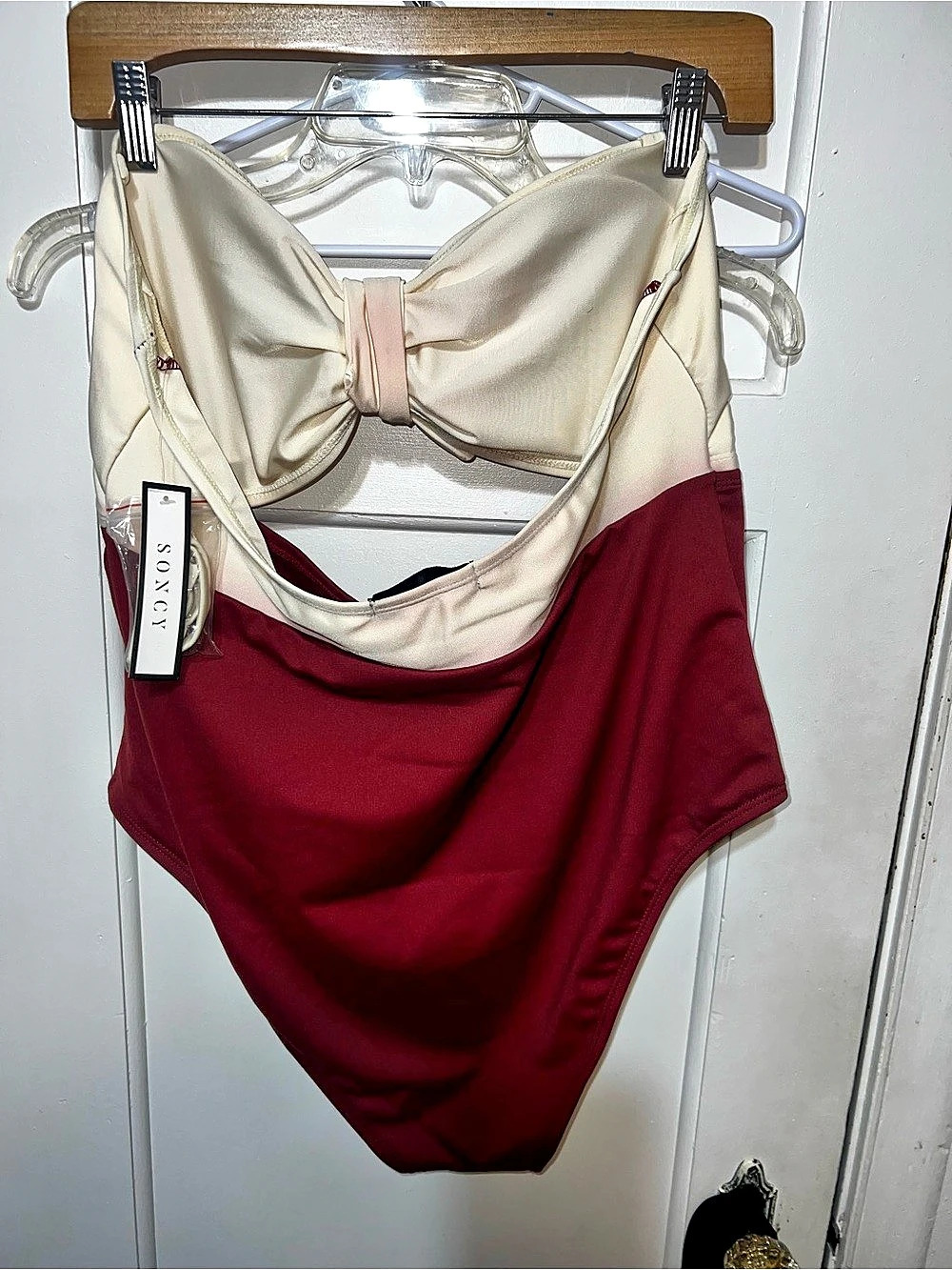 Soncy Color Block One-Piece Swimsuit in Red & Cream NWT